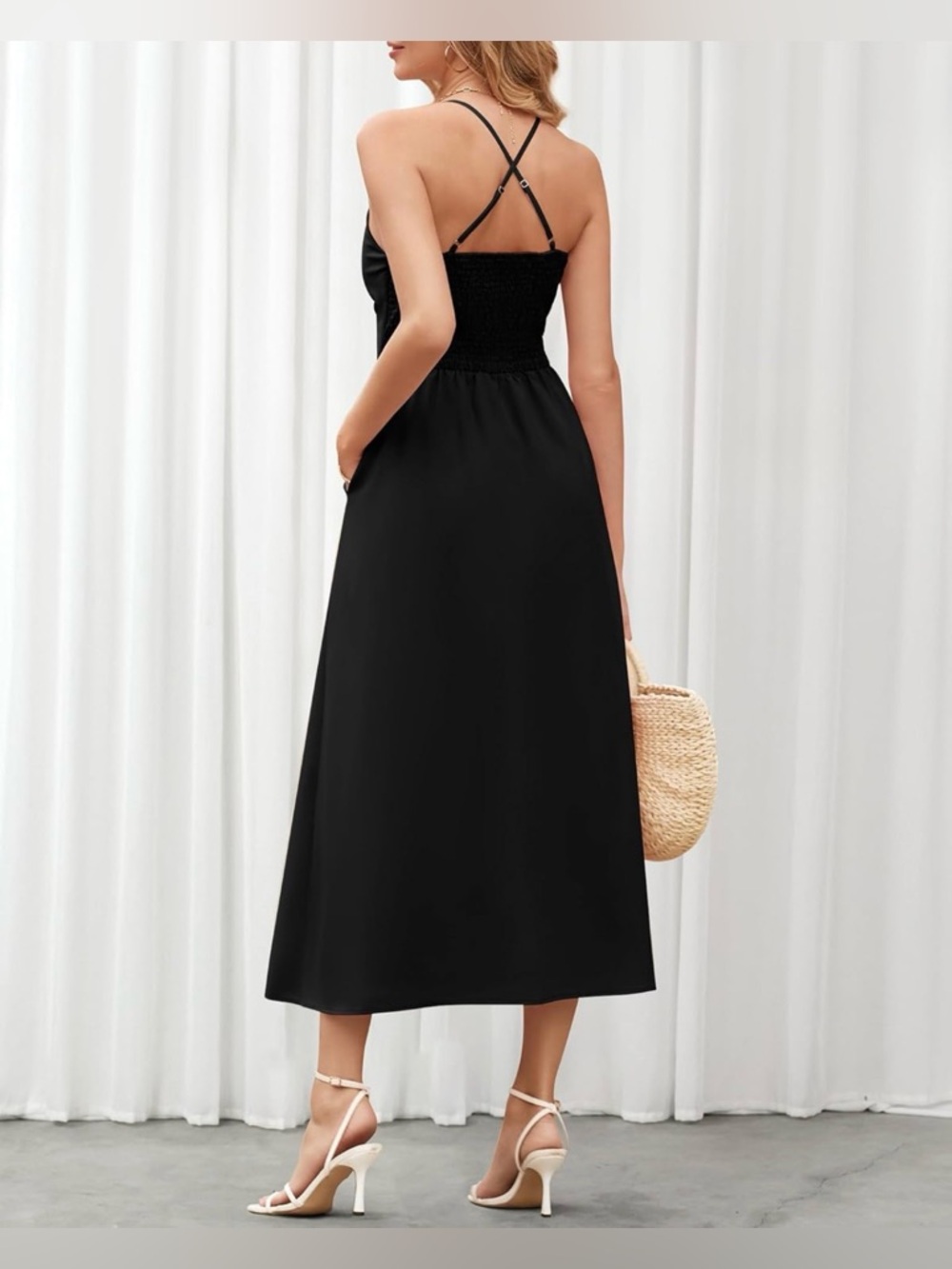 Black Spaghetti Strap Cutout Maxi Dress A-Line Slit Beach Vacation Sundress - M - Picture 3 of 11